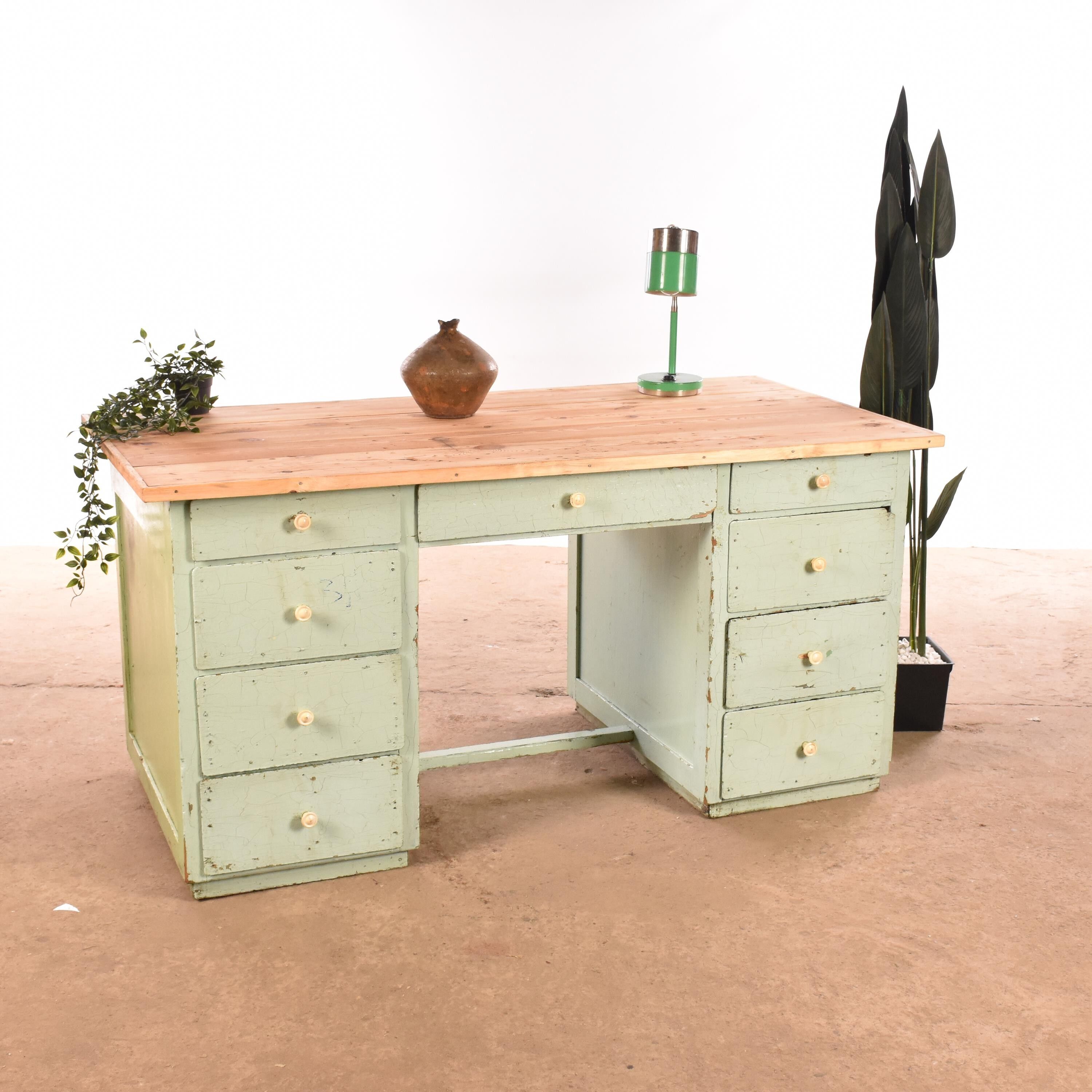Industrial old desk workbench light green