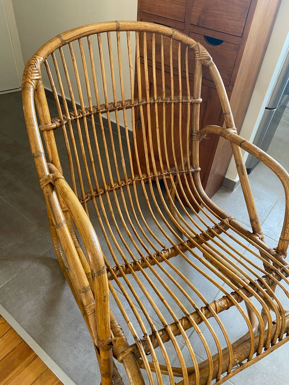 Rare pair of vintage rattan and wicker armchairs from the 1950s