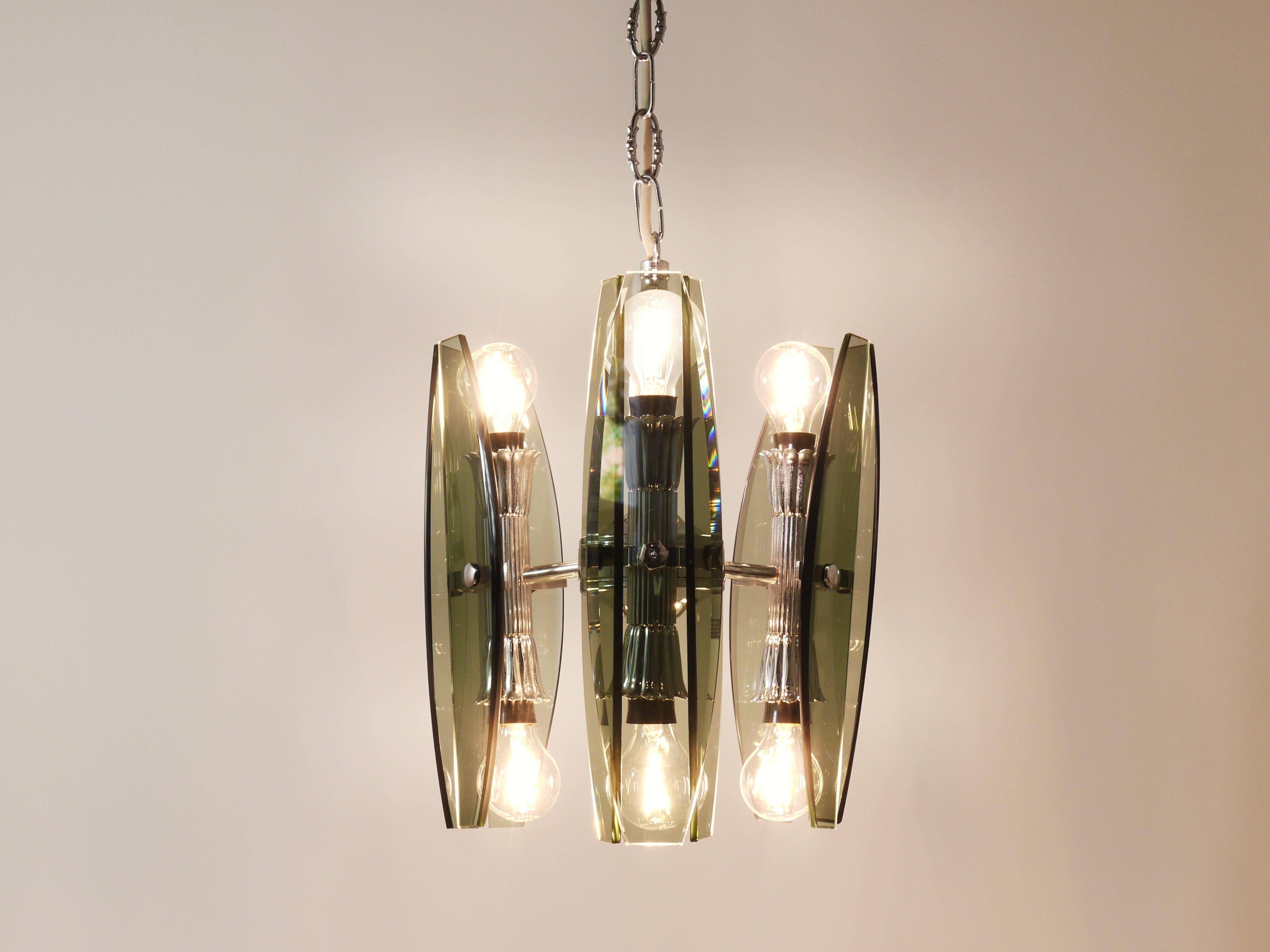 Glass and chrome suspension light in Fontana Arte style by Veca Murano, Italy.