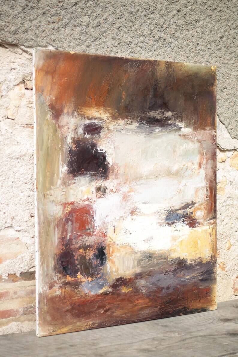 Oil on canvas signed Monique Humbert, abstract composition, wall painting, interior decoration.
