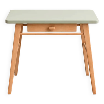 Petit bureau enfant vintage attribué à Baumann – bois naturel et plateau vert lézard