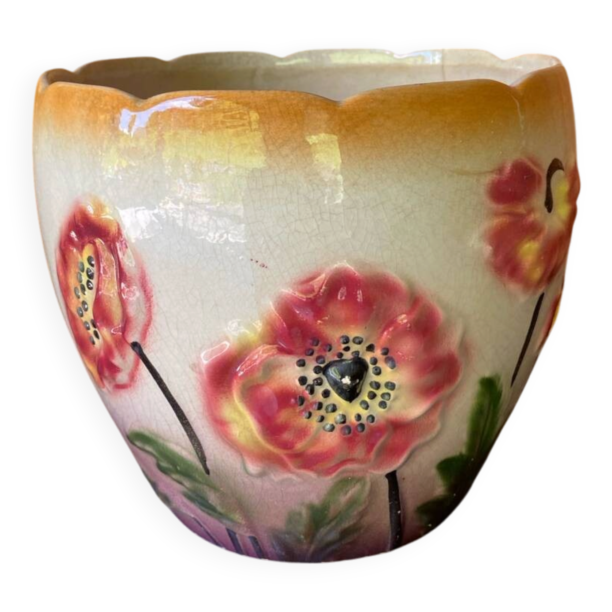 Earthenware cache pot with slip decoration.