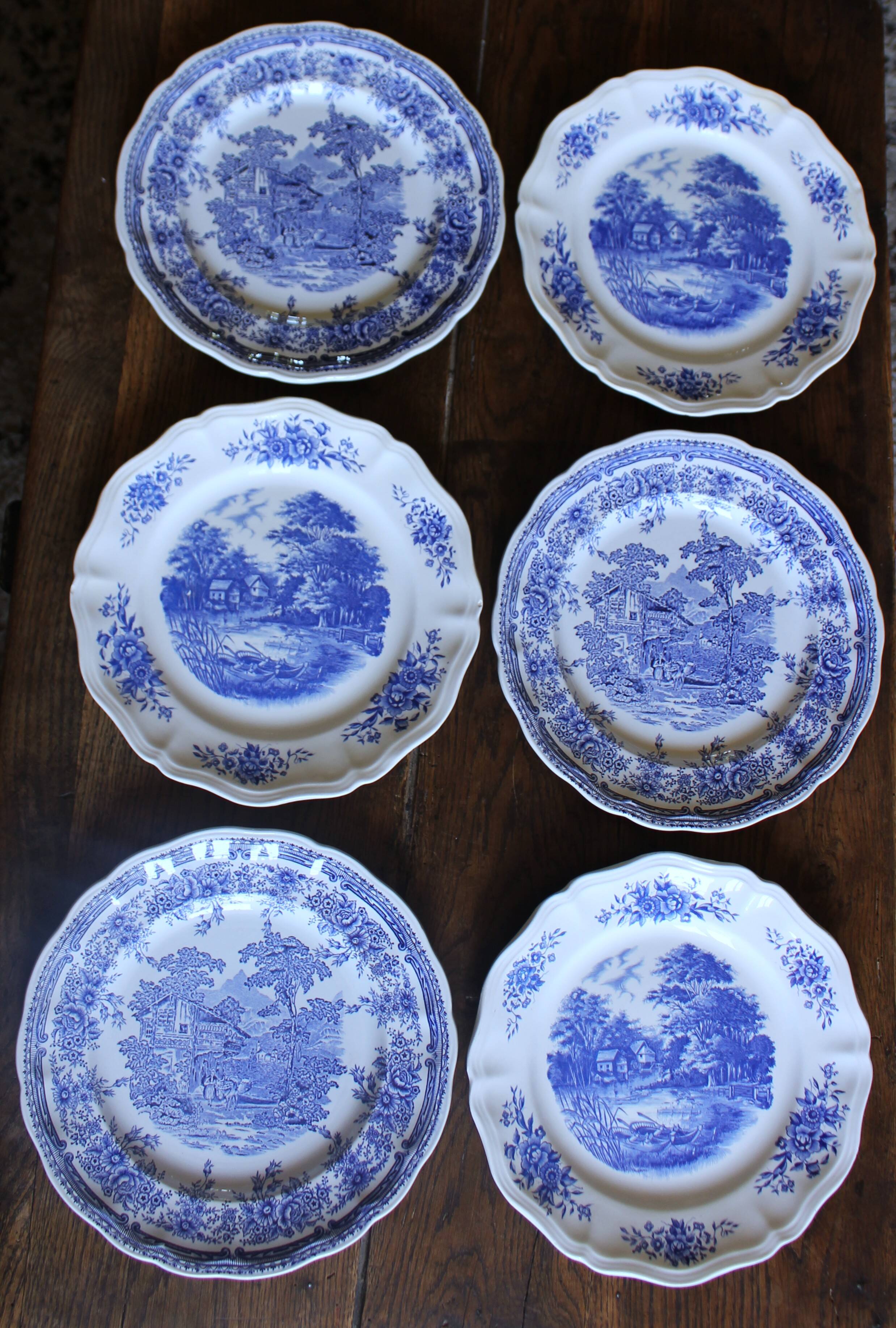6 romantic blue Lunéville Sarreguemines dinner plates