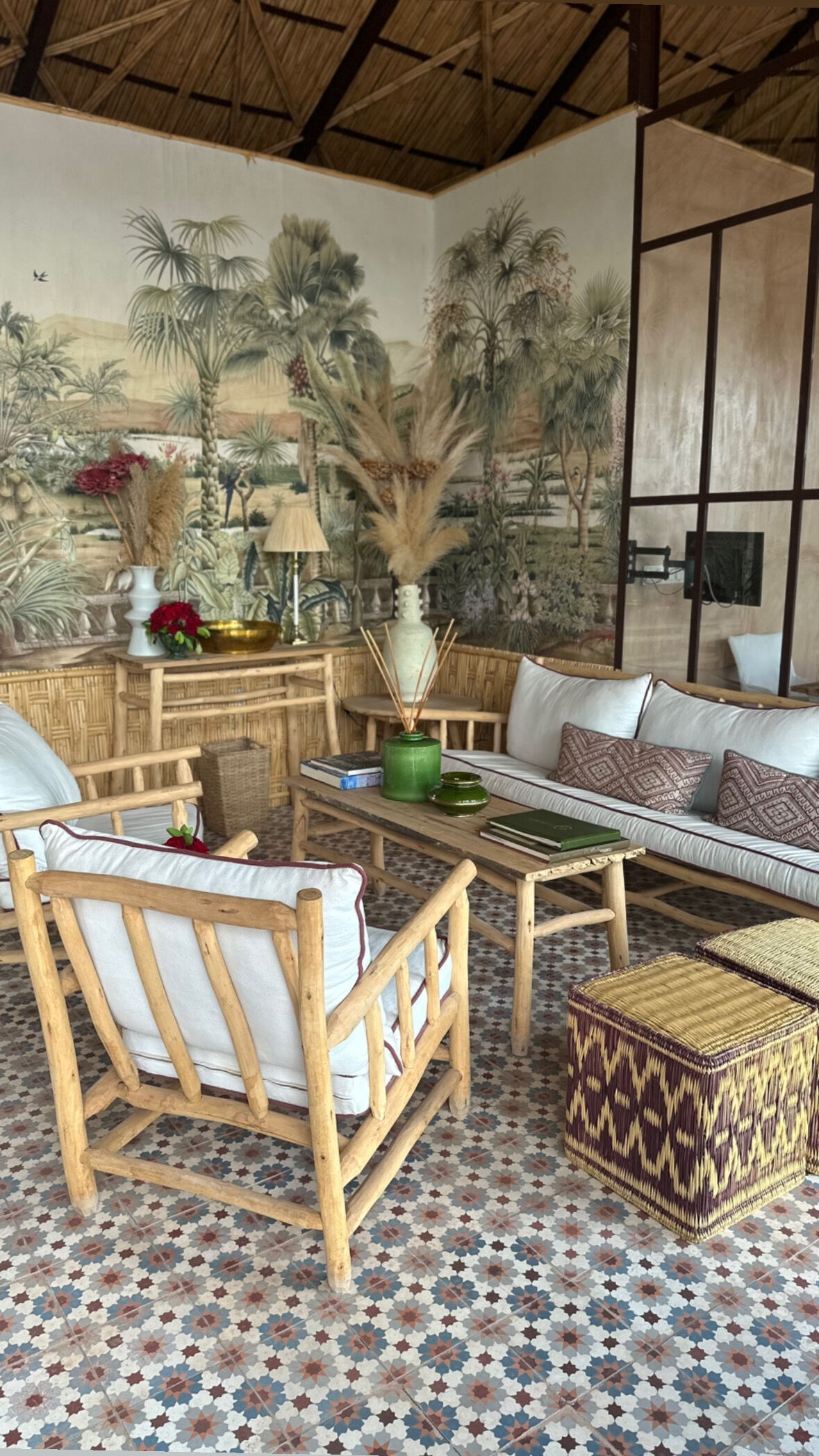 Set of two pouf seat cube rattan wicker graphic ikat red burgundy purple magenta