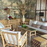 Set of two pouf seat cube rattan wicker graphic ikat red burgundy purple magenta