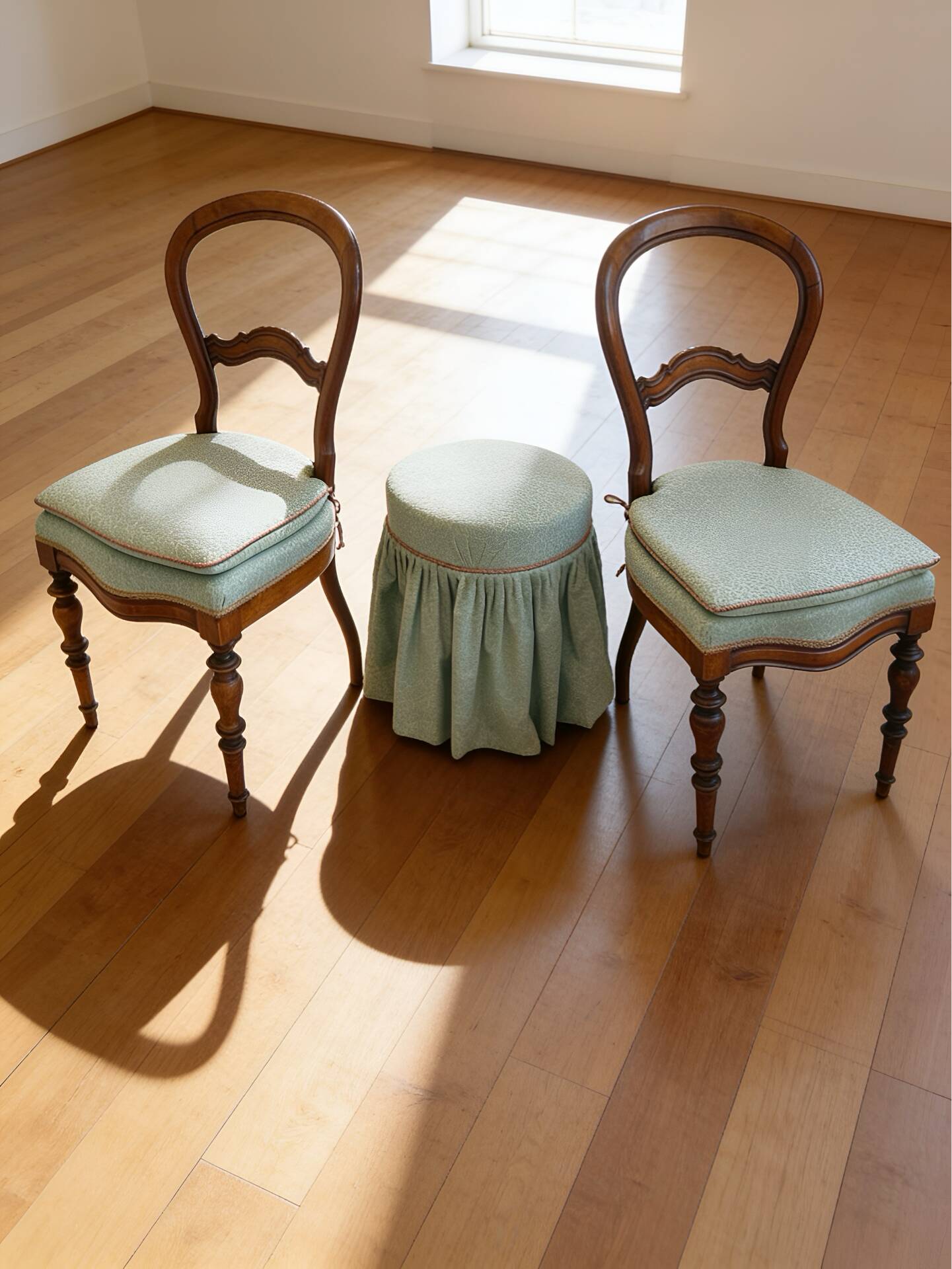 Antique Victorian era ballon back chairs and stool