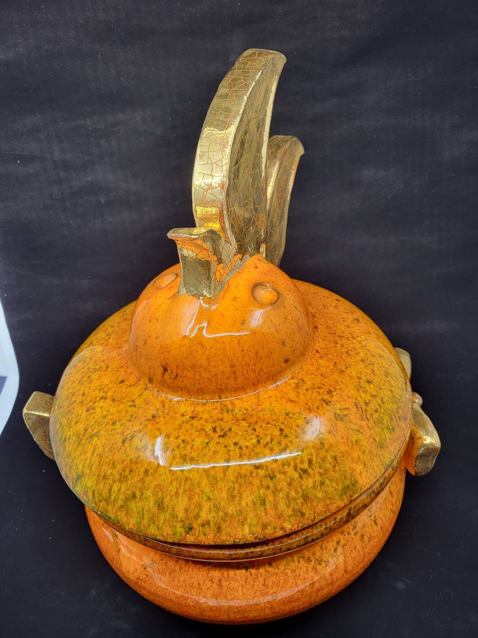 Gérard Crociani soup tureen in orange zoomorphic ceramic French gilded with fine gold Vallauris