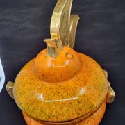 Gérard Crociani soup tureen in orange zoomorphic ceramic French gilded with fine gold Vallauris