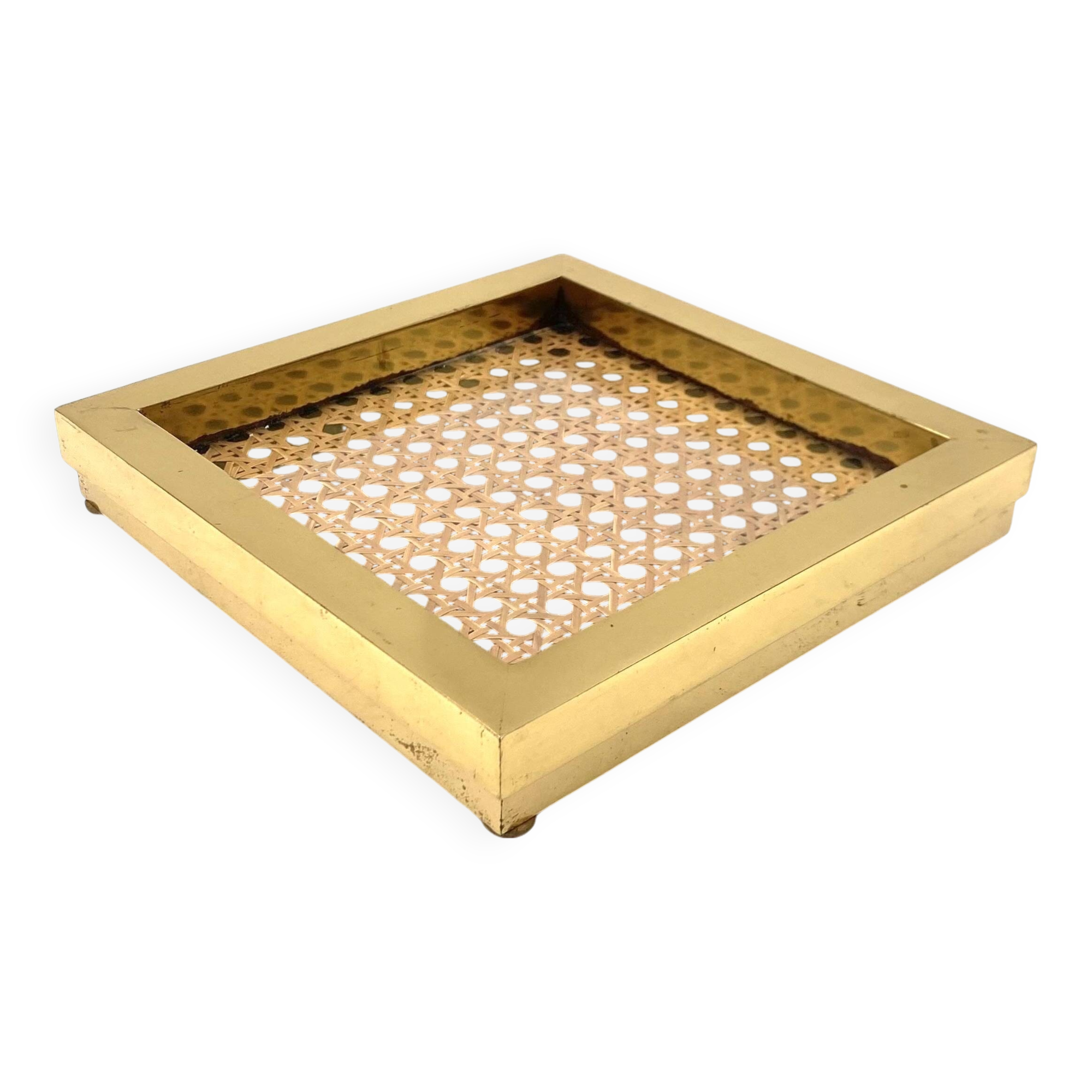 Hollywood regency vide poche, brass and Vienna straw, Italy 1970