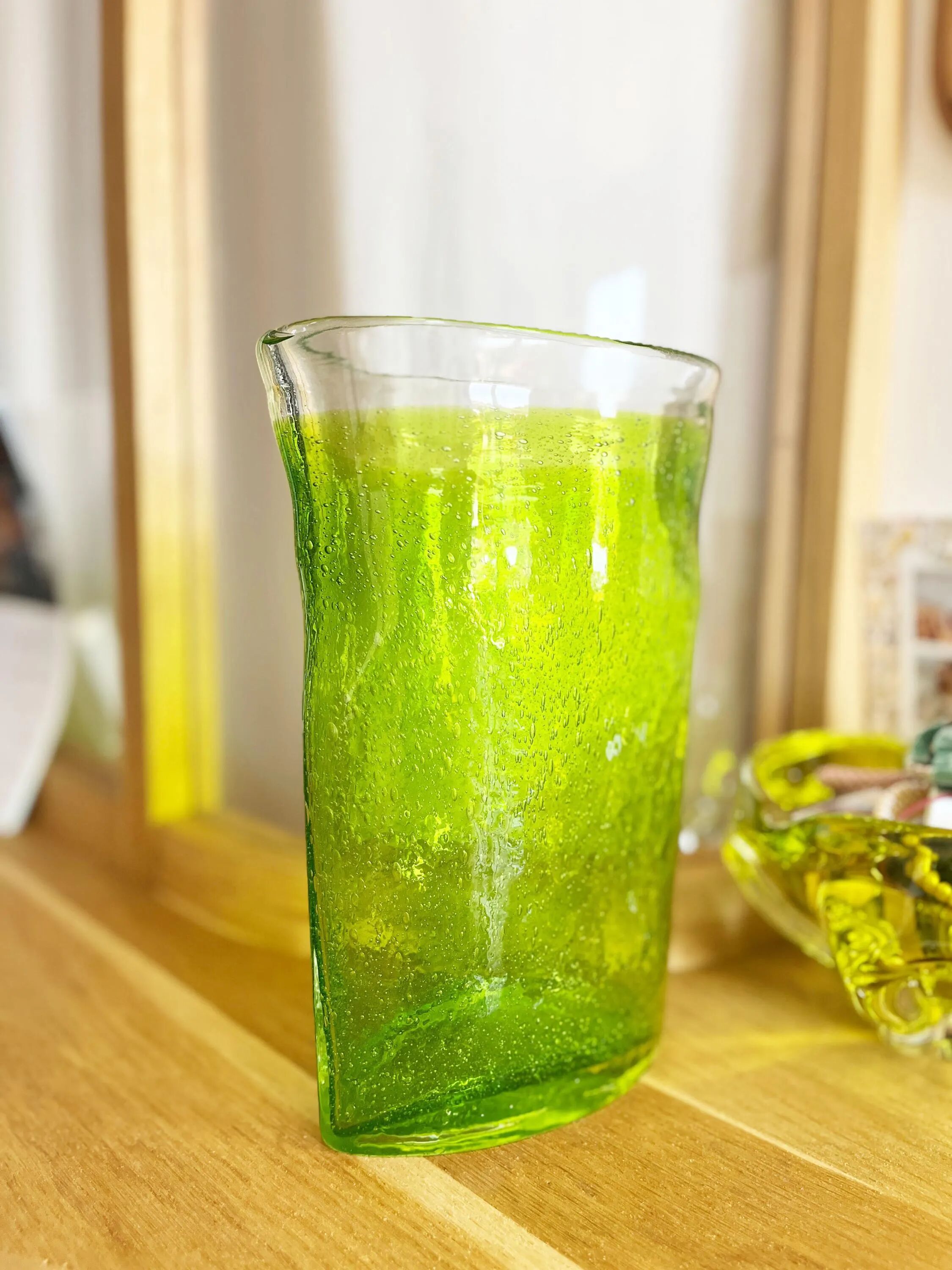 Large vintage green lemon bubble blown glass vase