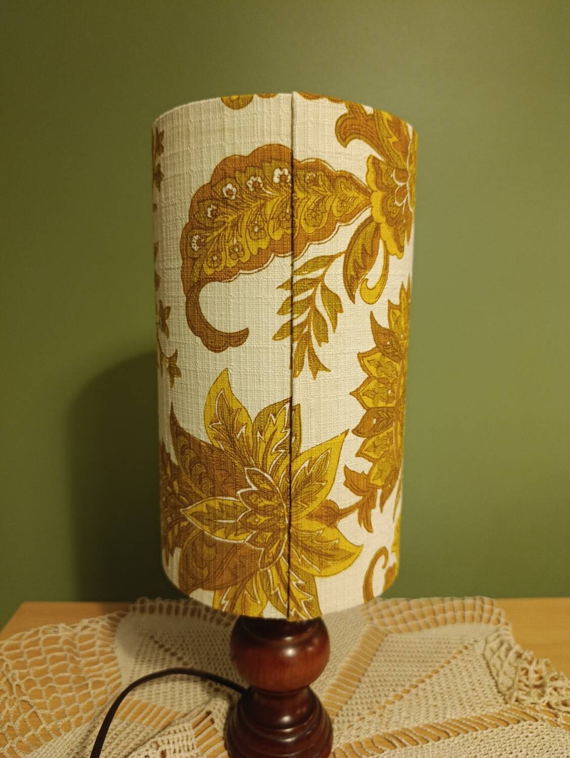 Turned wood lamp with authentic vintage lampshade and mustard flower decoration