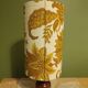 Turned wood lamp with authentic vintage lampshade and mustard flower decoration