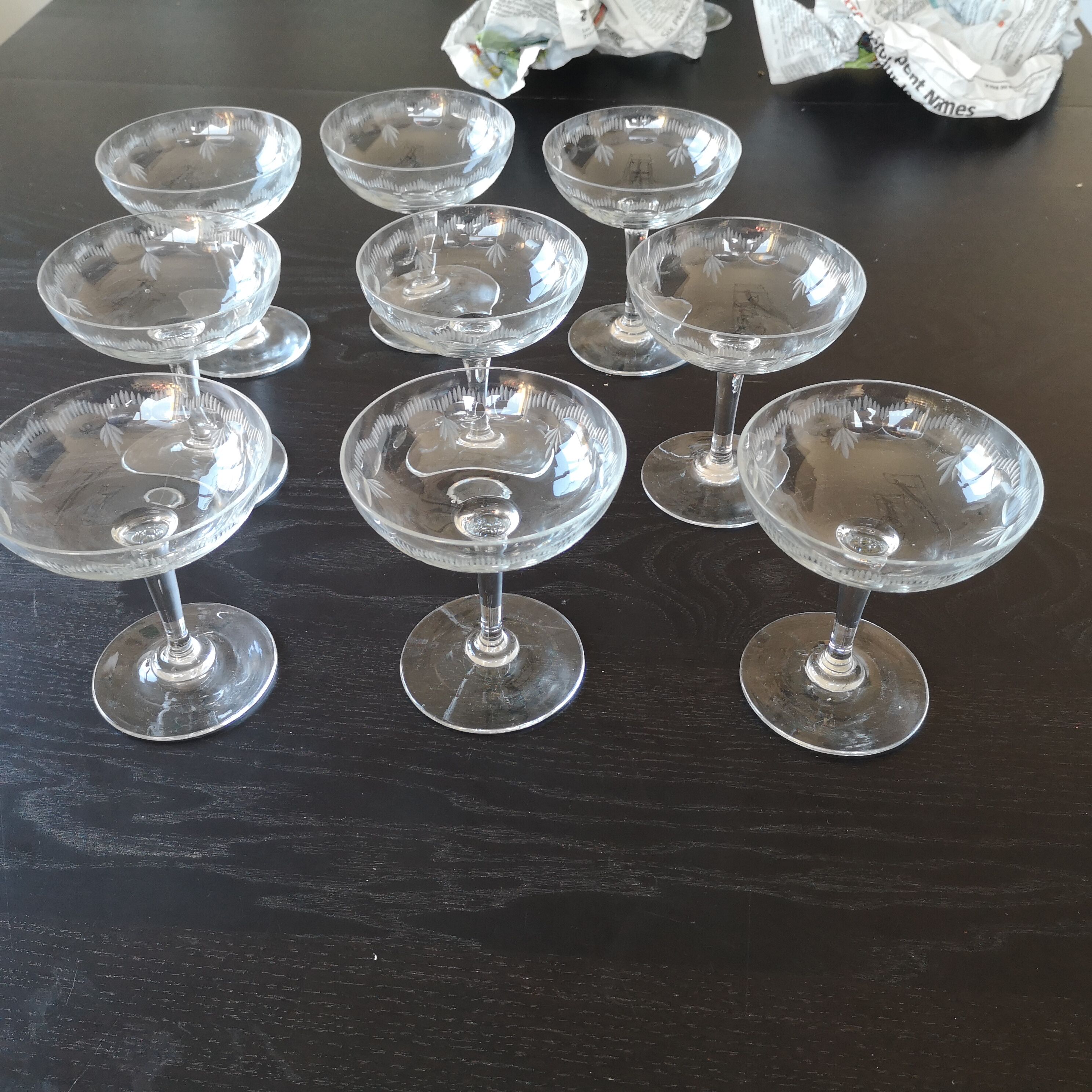 9 engraved champagne glasses