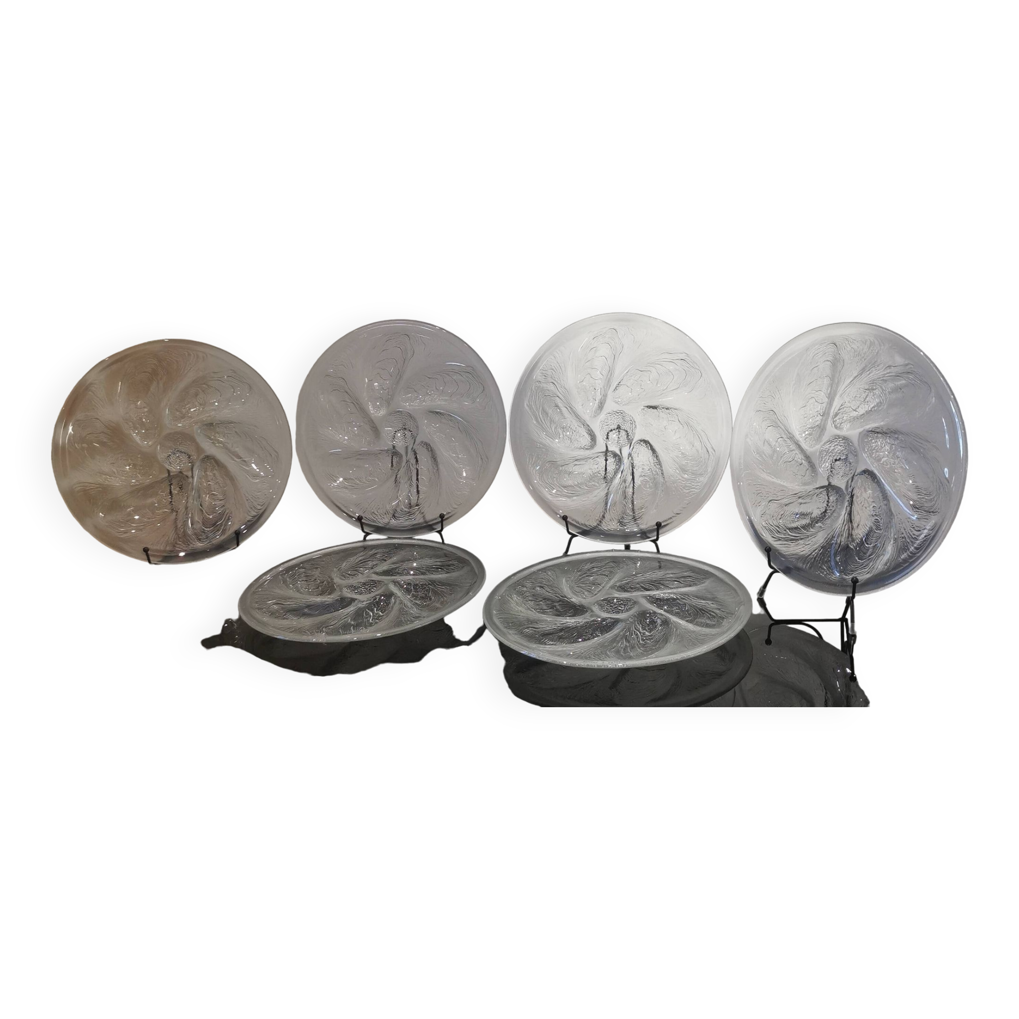 6 embossed glass oyster plates, 1970s Arcoroc France