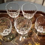 Set of 5 faceted crystal liqueur glasses with pearl legs