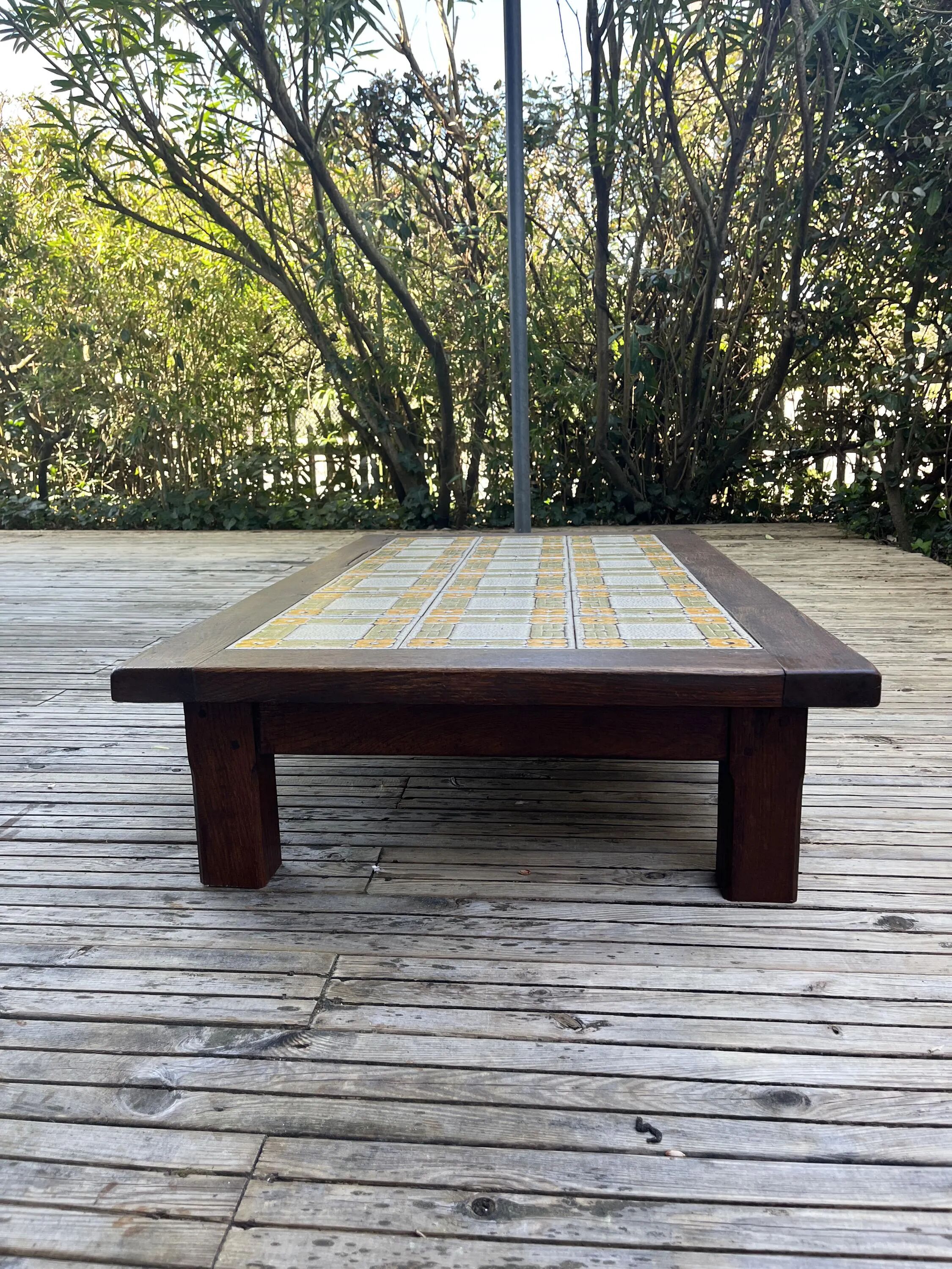 Large vintage 1960s oak and ceramic coffee table.