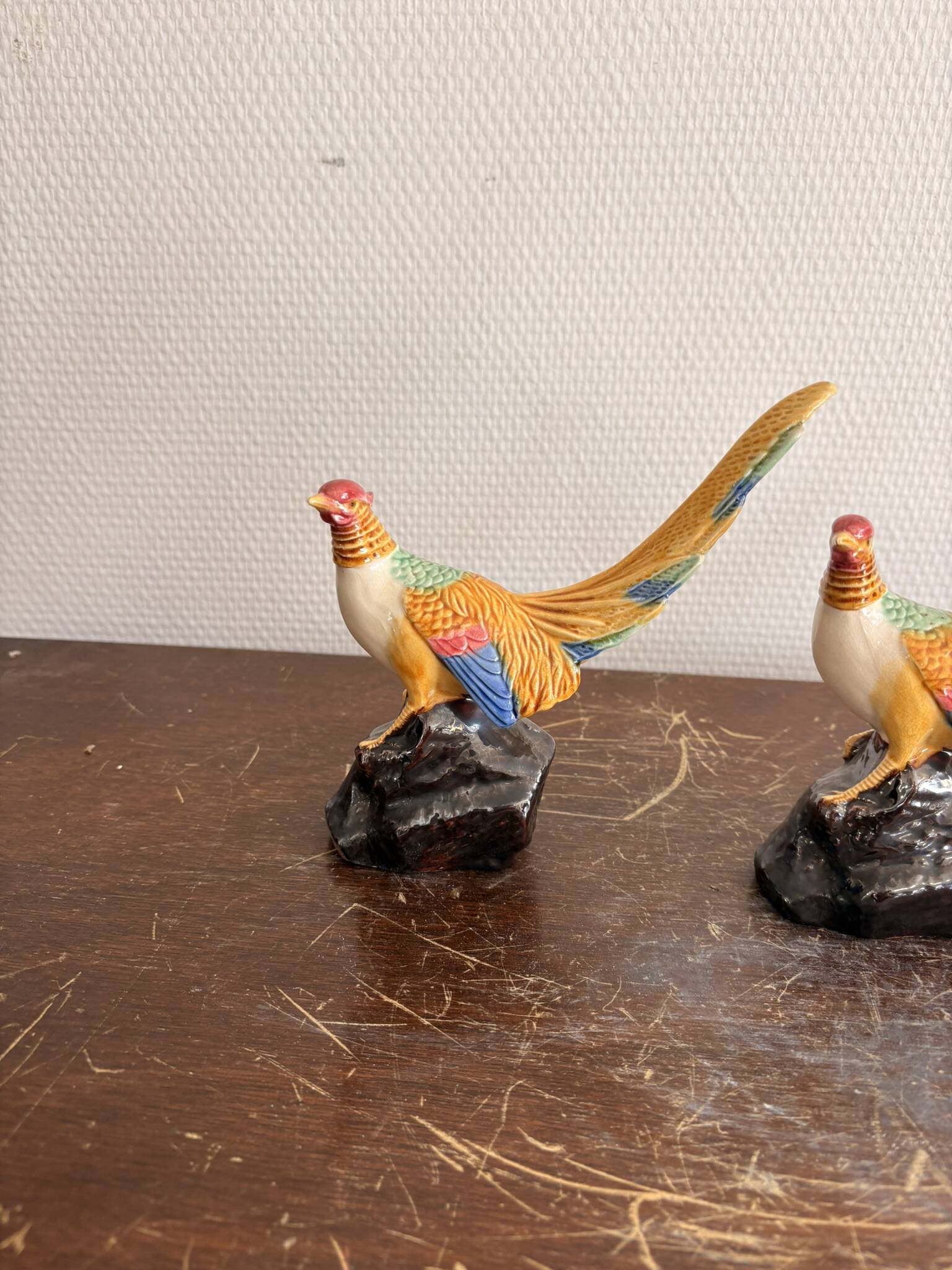Paire Faisans Barbotine Faïence Art Déco Oiseaux 1930