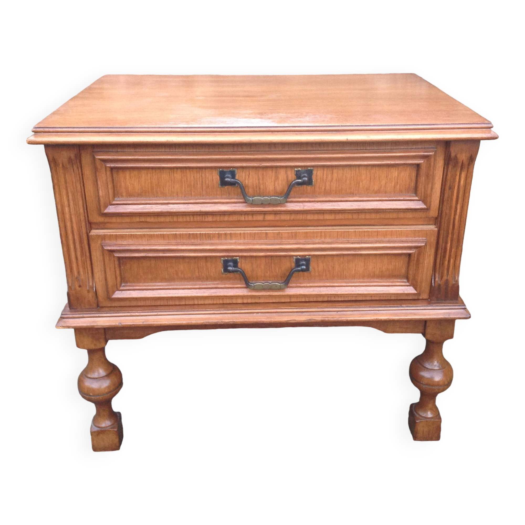 Two-drawer bedside table in oak veneer / 60s-70s