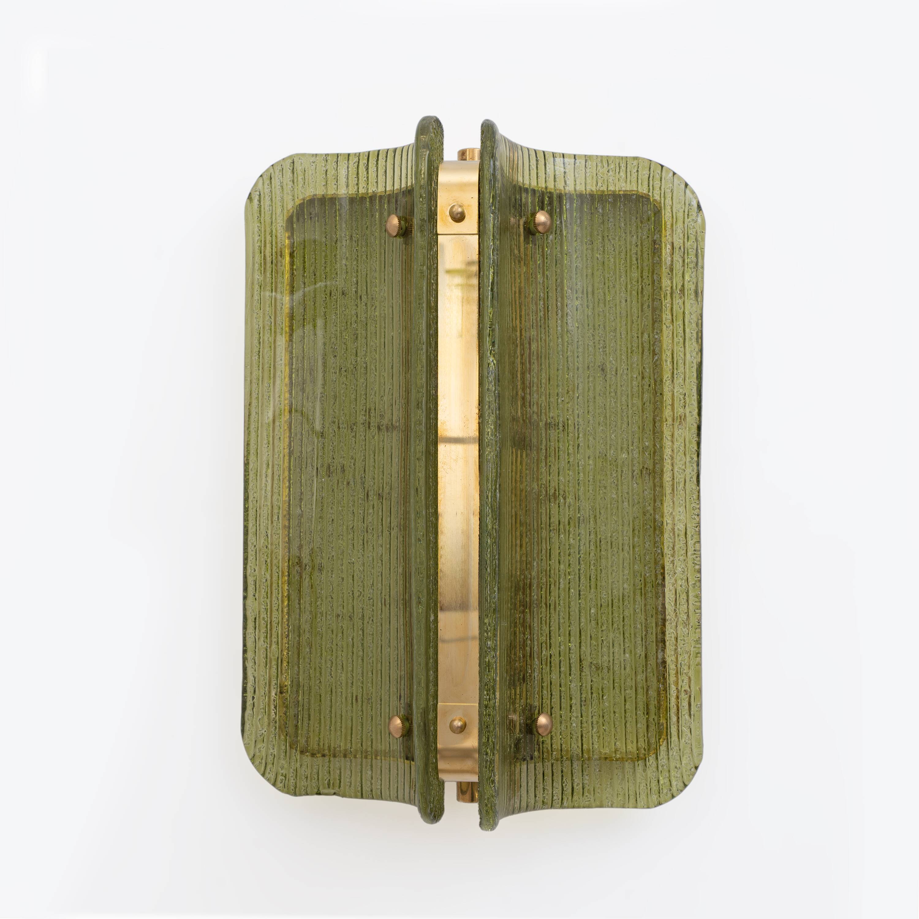Pair of Curved, Ribbed Murano Glass and Brass Wall Sconces