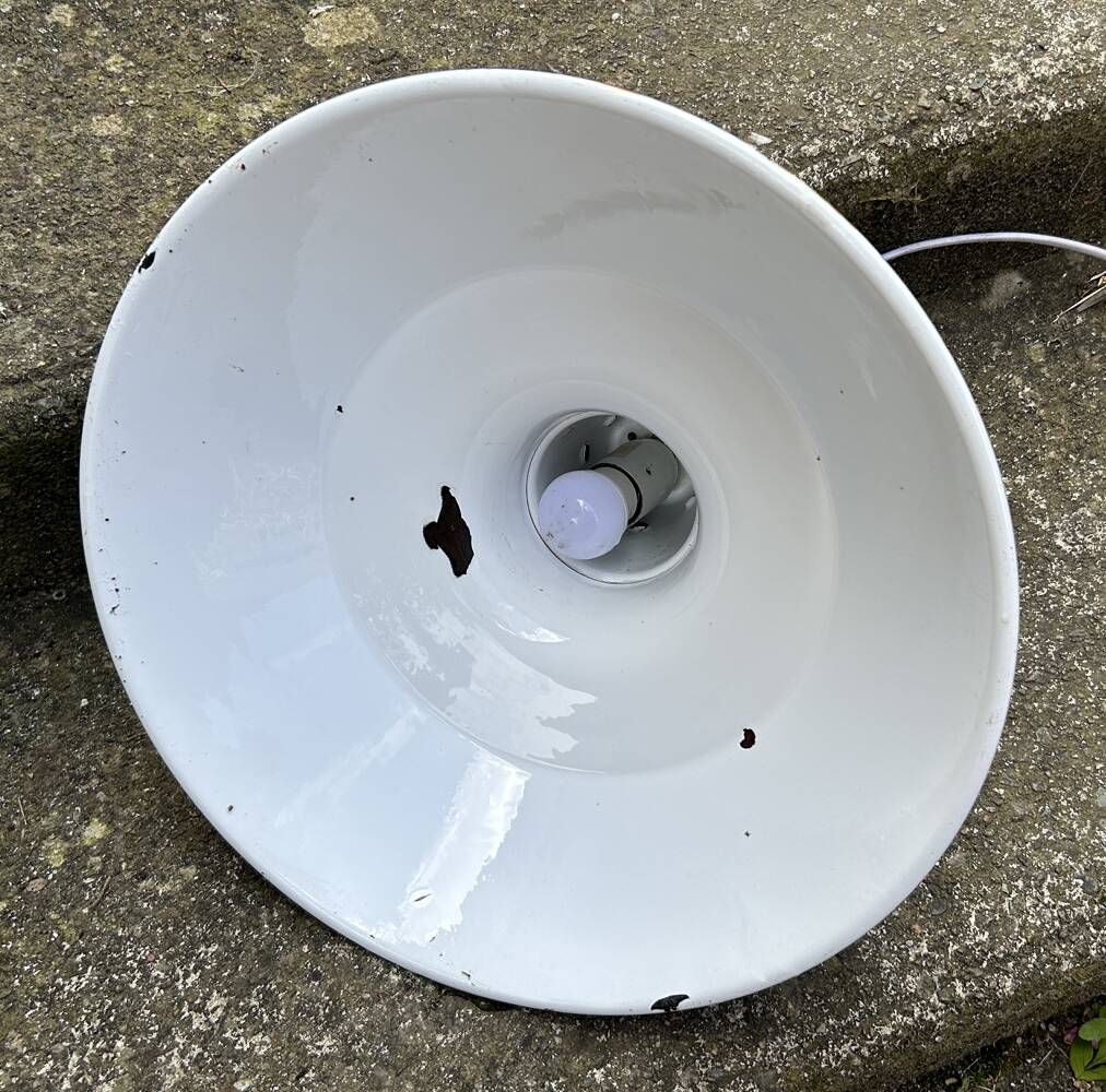 Industrial enameled pendant light, gray blue, vintage.