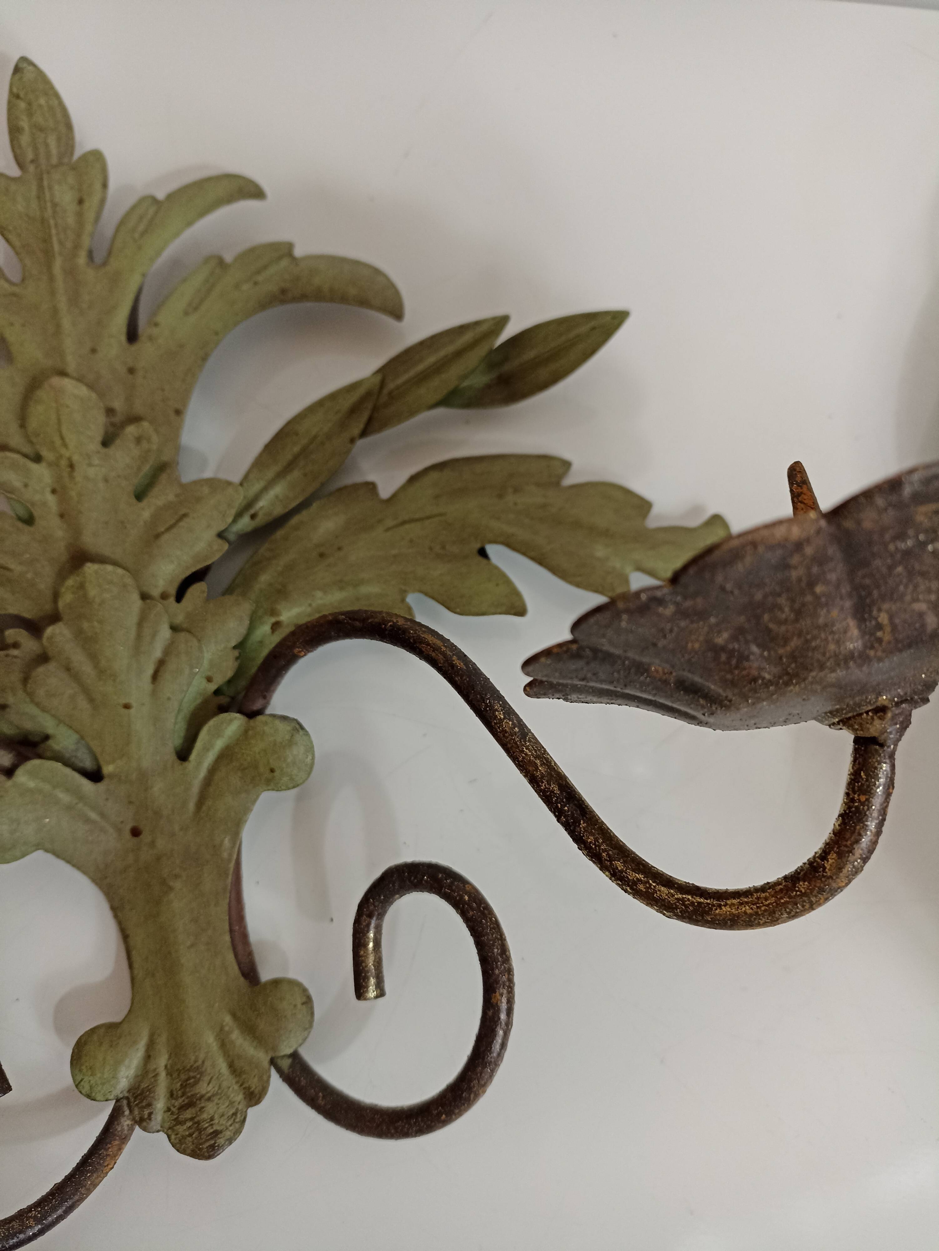 Pair of vintage wall lights candlesticks in gold metal and green patina