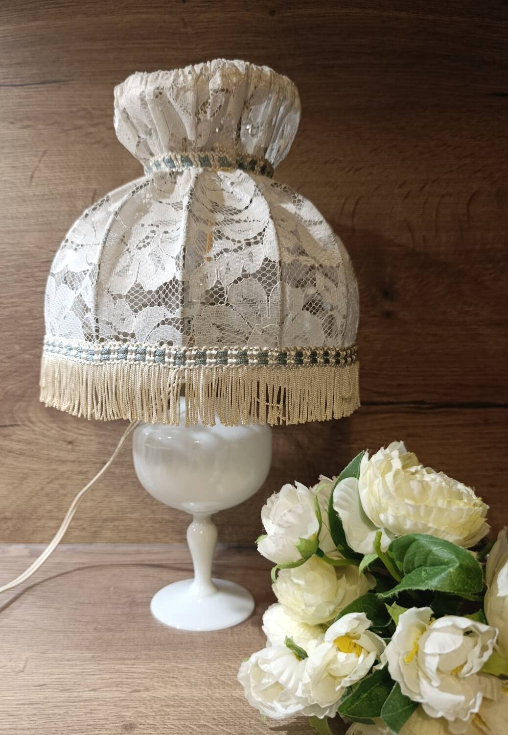 white bedside lamp with lace and opaline bohemian chic