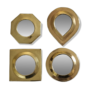 Set of 4 small wall mirrors in brass, geometric shapes, 9 cm