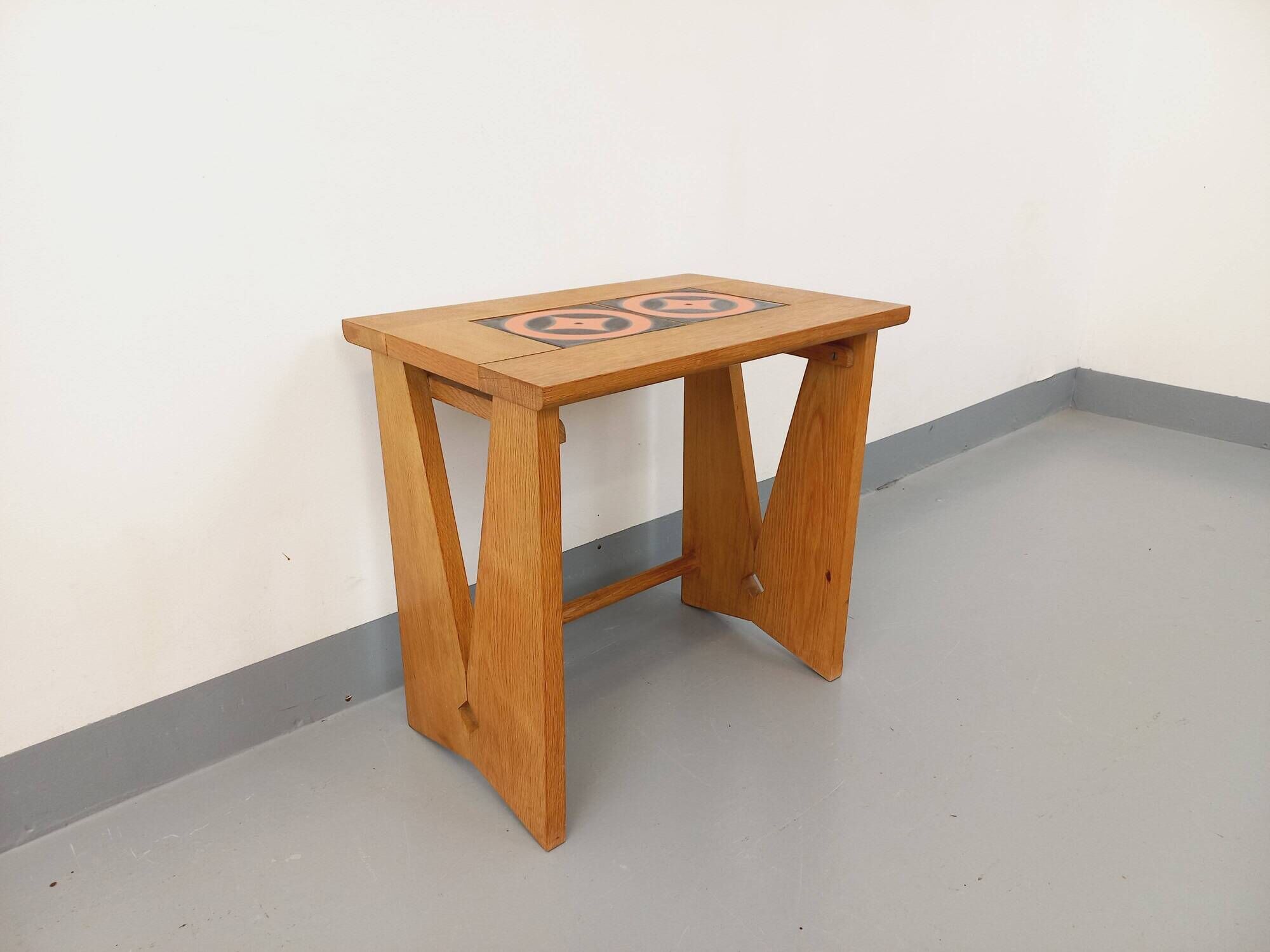 Vintage Guillerme and Chambron coffee and side table in solid oak and ceramic from the 50s and 60s