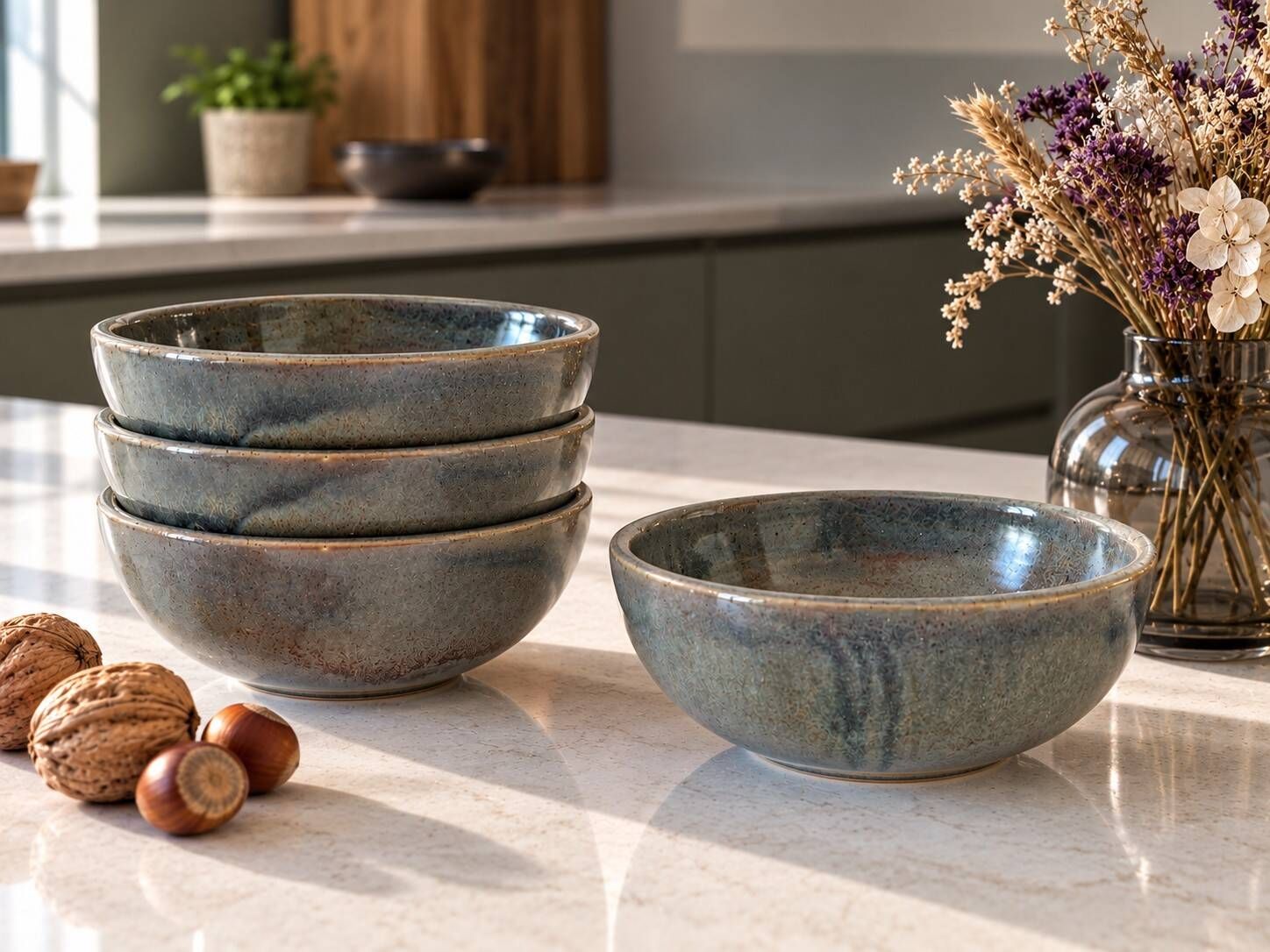 4 handmade ceramic bowls – Grey-blue glaze and mineral shades