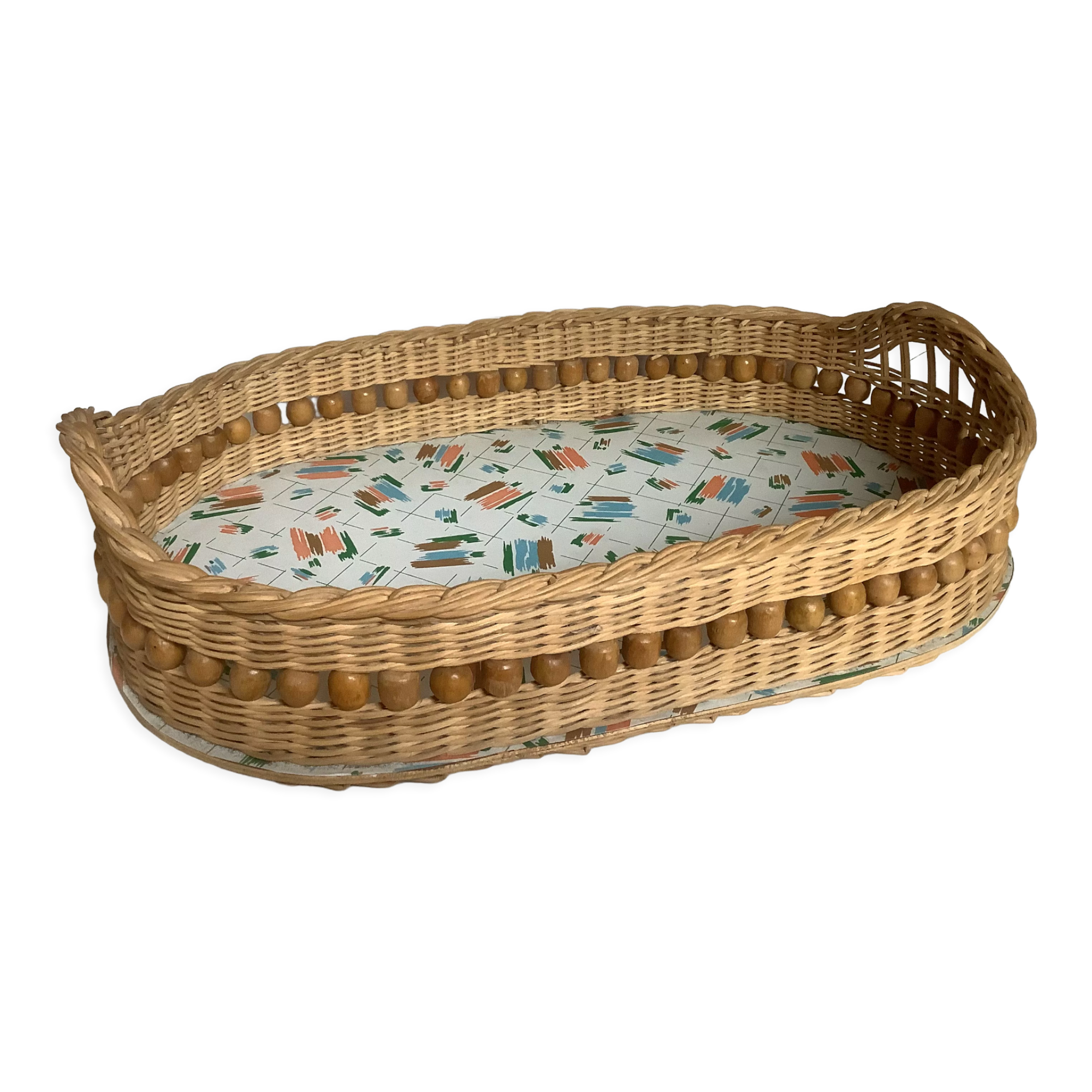 Old basket tray wicker rattan wooden beads