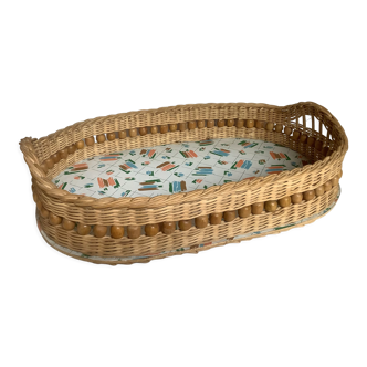 Old basket wicker rattan tray wooden beads