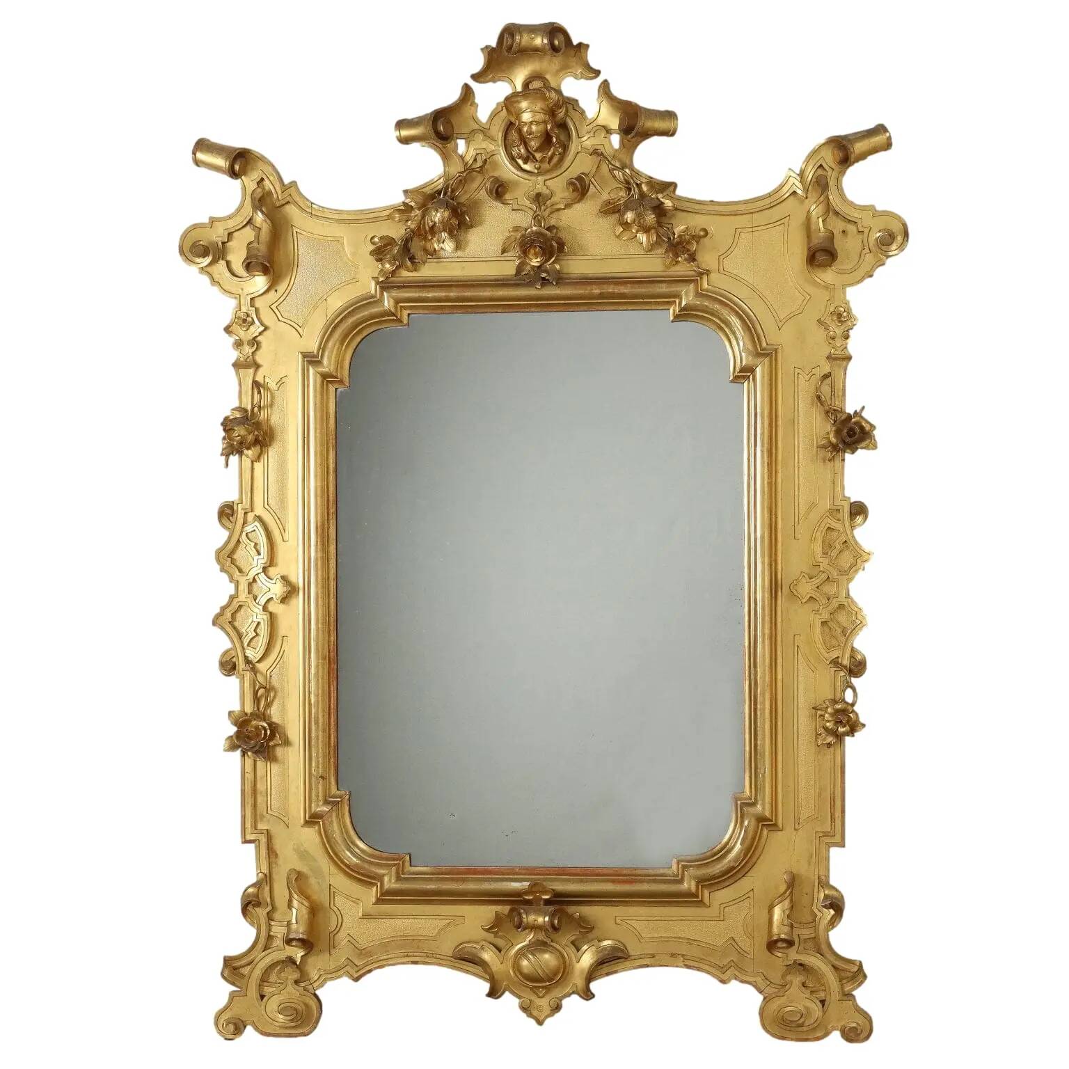 Large antique umber pine mirror from Switzerland, Italy, 19th century.