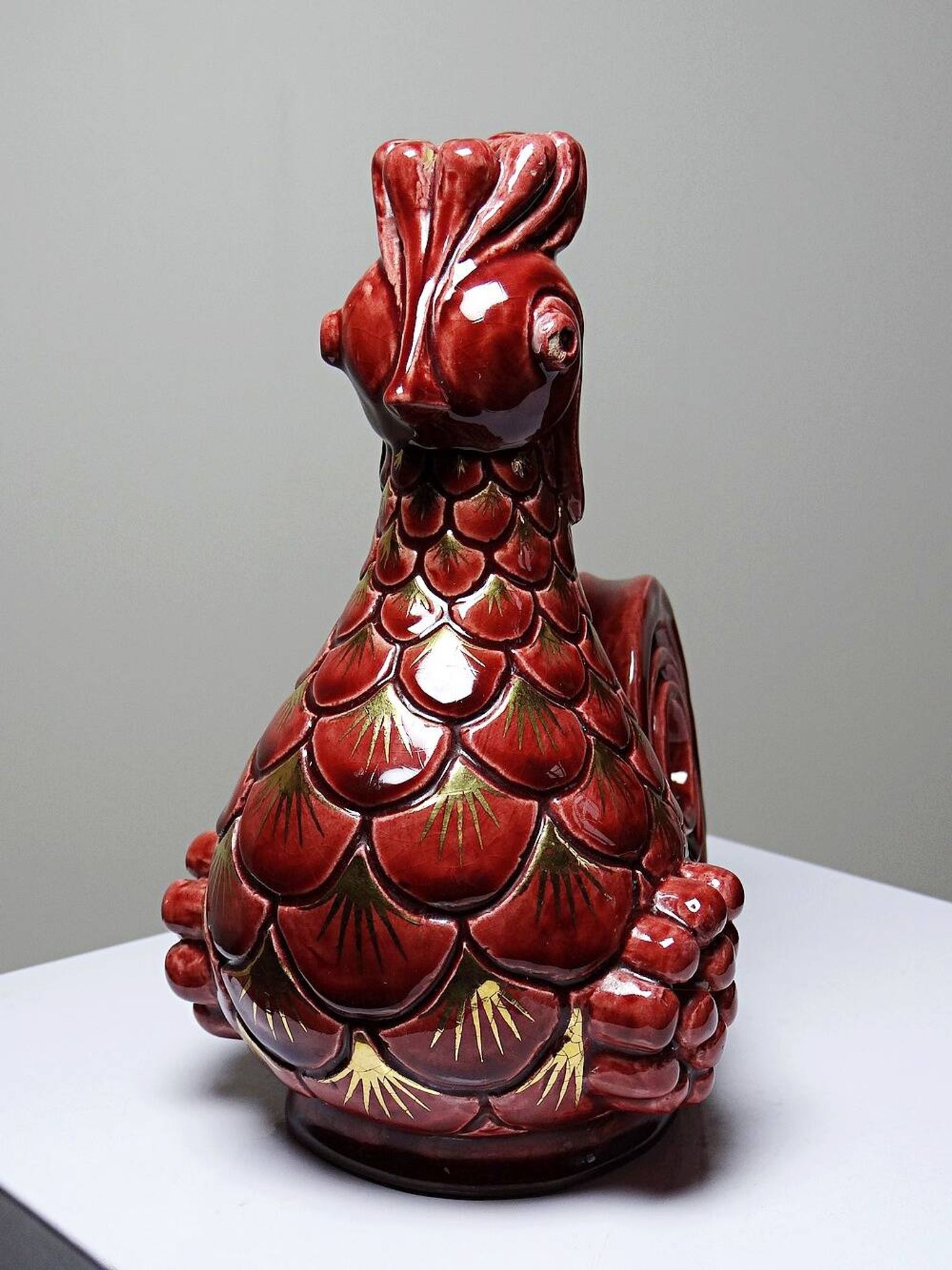 Pair of ceramic glazed candlesticks in the shape of roosters, signed A.G Roger, year 1948.