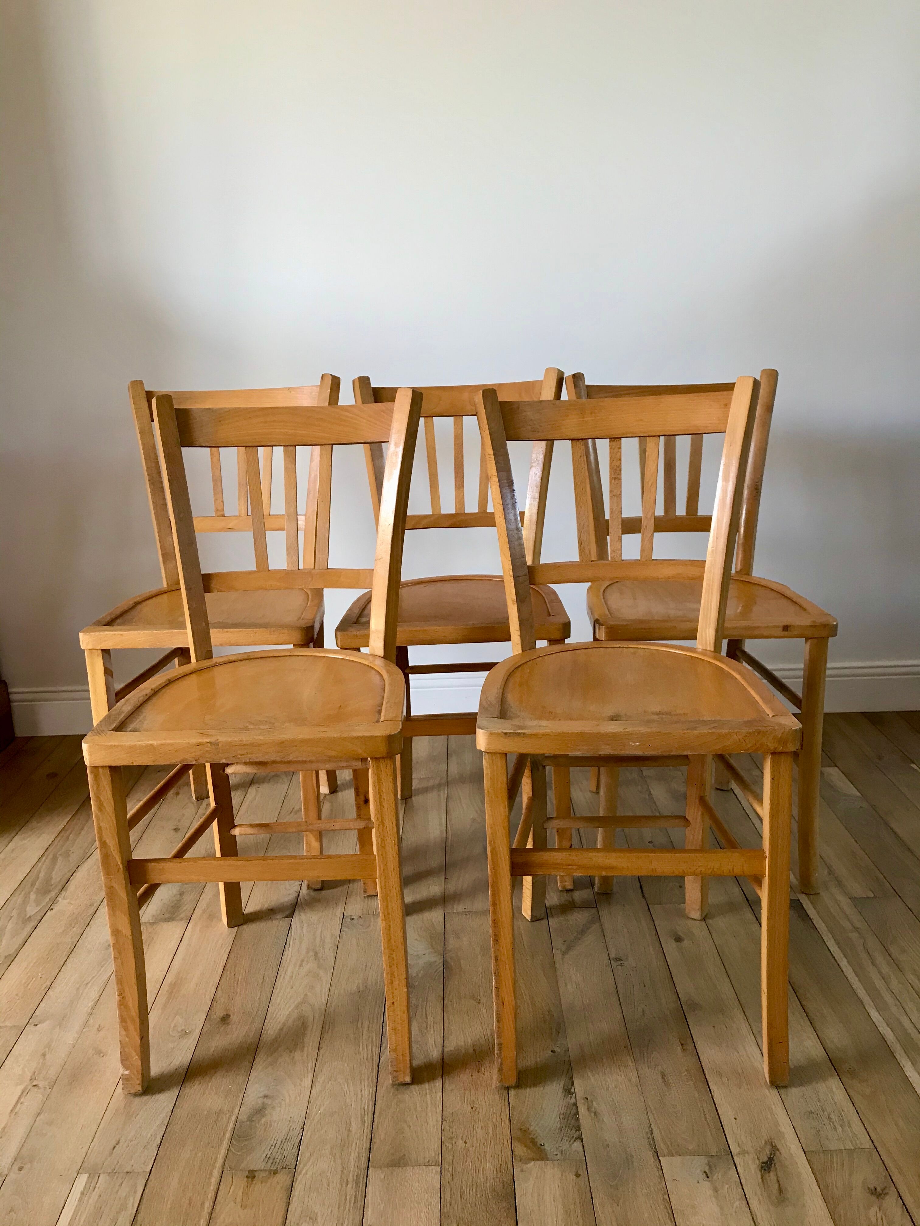 Set of 5 Luterma light blond wood bistro chairs from the 50s