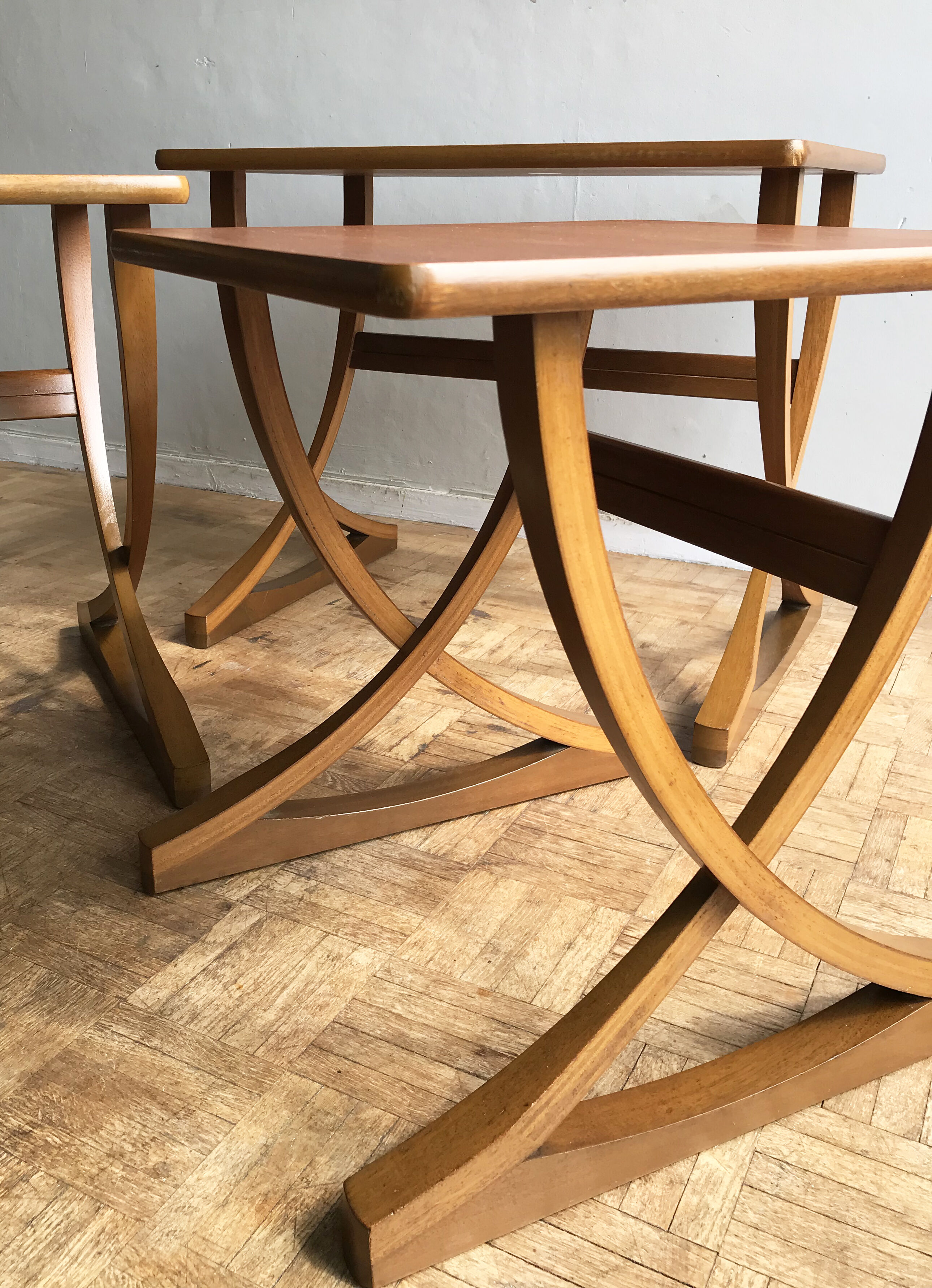 Set of 3 nesting tables from Nathan editions in teak and beech.