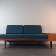 Norwegian daybed sofa in teak and blue fabric, renovated, vintage scandinavian 1960s
