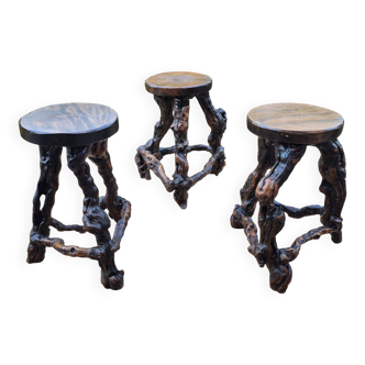 Set of 3 handcrafted grape vine stools, France 1960s