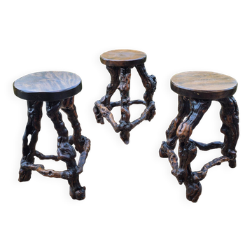 3 tabourets en vigne faits à la main, France années 1960