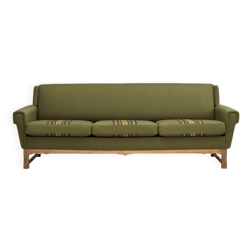 1970s, 3-seater Danish sofa, green furniture wool, oak wood.