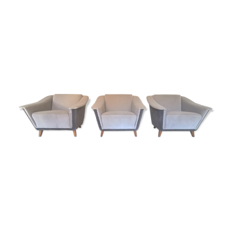 Trio de fauteuils club années 50 gris