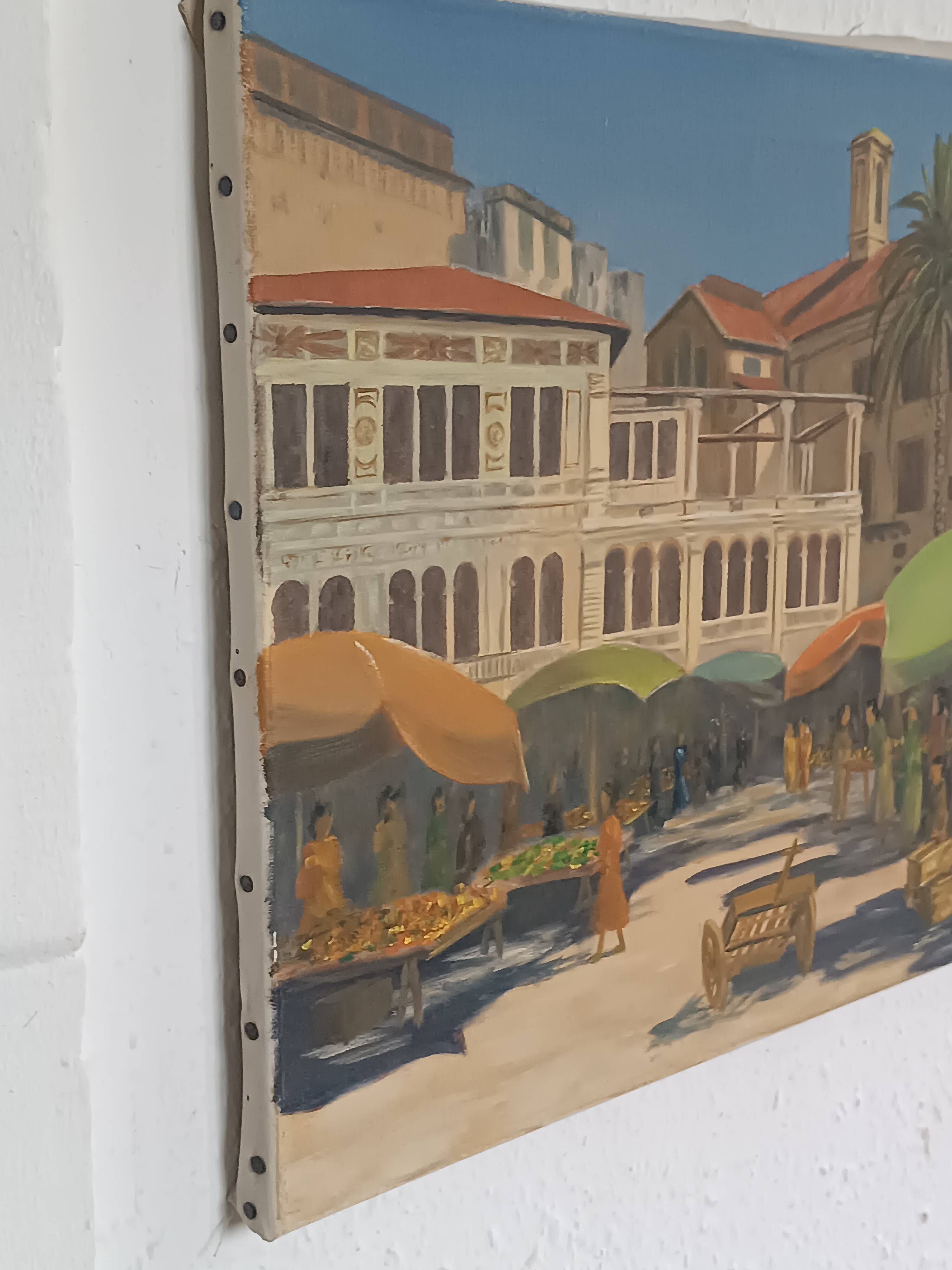 Original oil painting, Provençal market in Nice, France, Grether, 1948