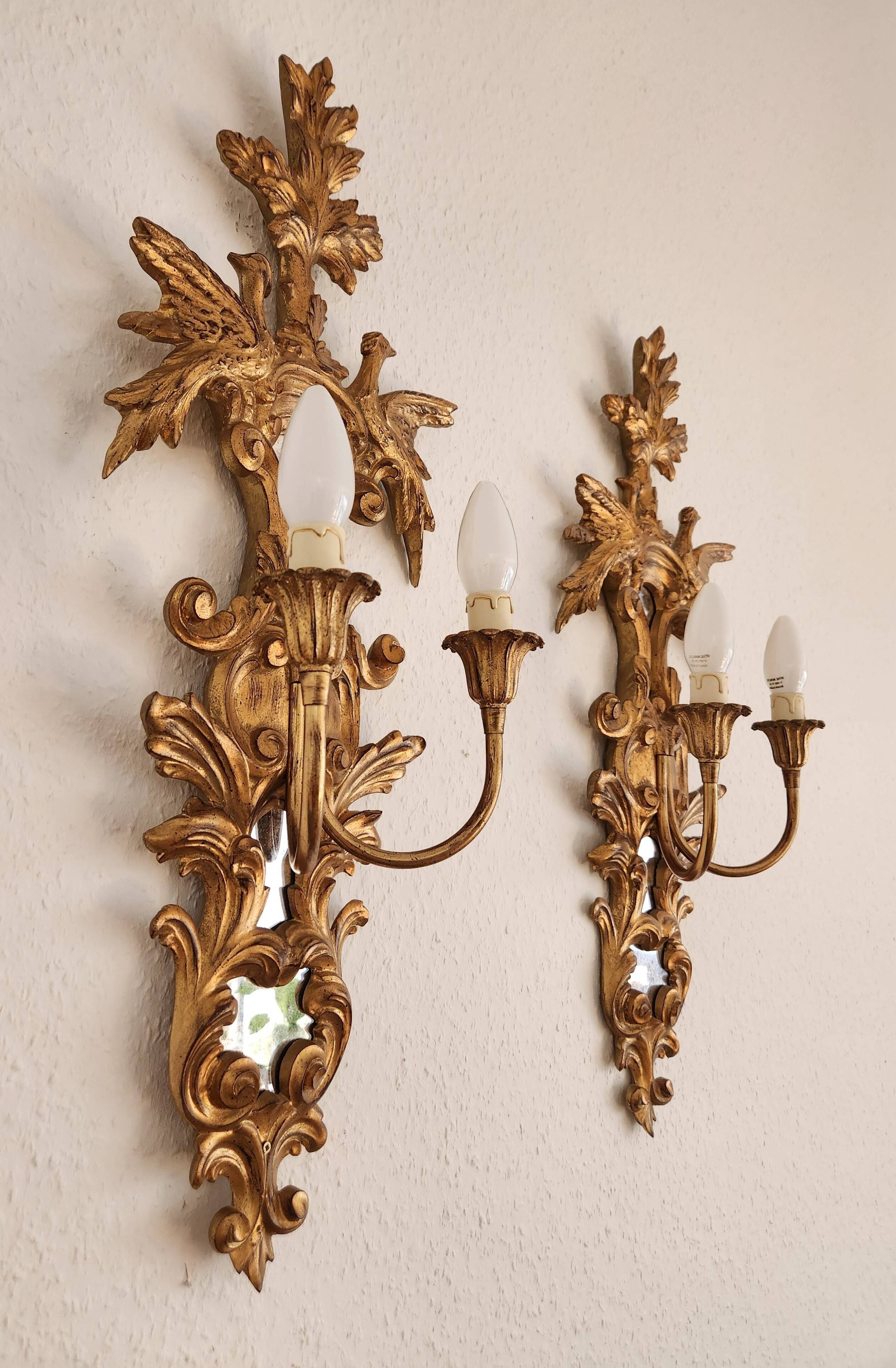 Louis XVI wall lamps Rocaille gilded carved wood antique mirror glass