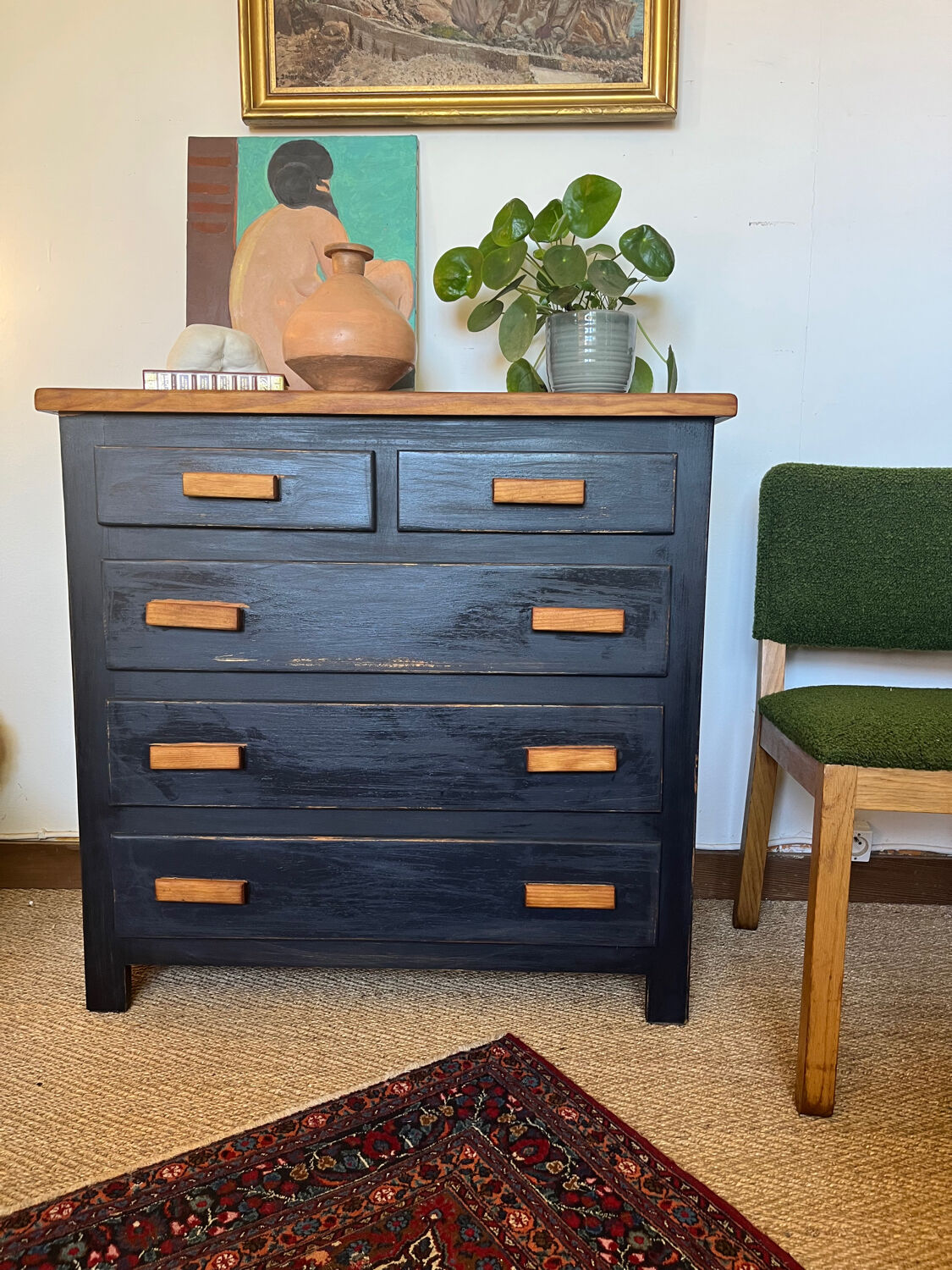 Vintage patinated black craft furniture style chest of drawers