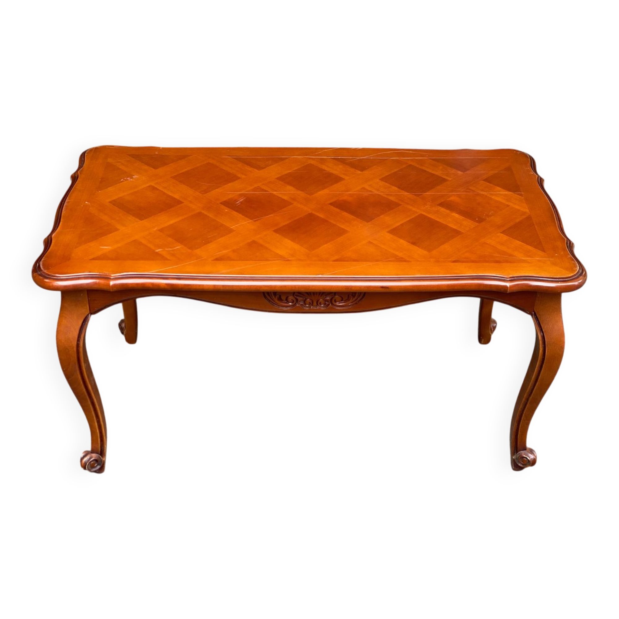 Rectangular Louis XV coffee table in solid wood and marquetry.
