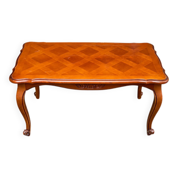 Table basse rectangulaire Louis XV en bois massif et marqueterie