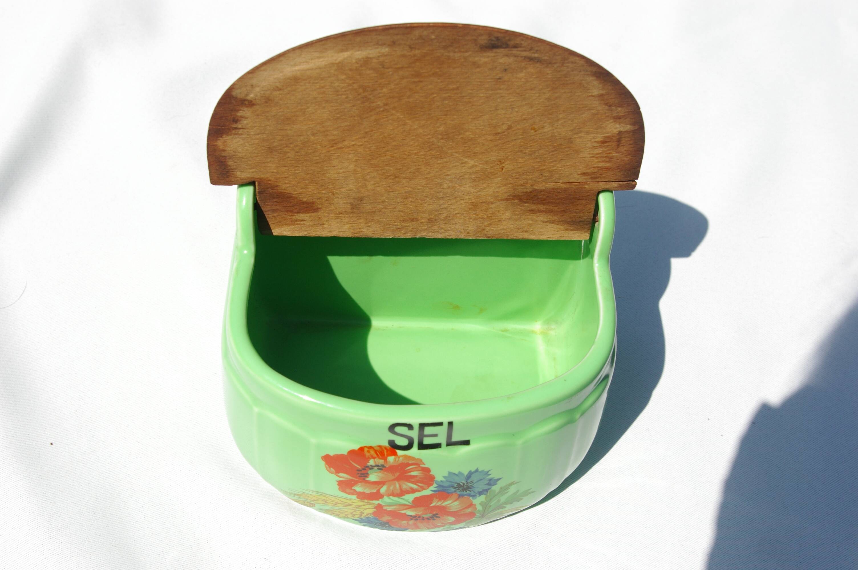 Vintage Ceramic and Wood Salt Box - Rare green color