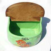 Boîte à Sel vintage en céramique et bois - Rare couleur verte