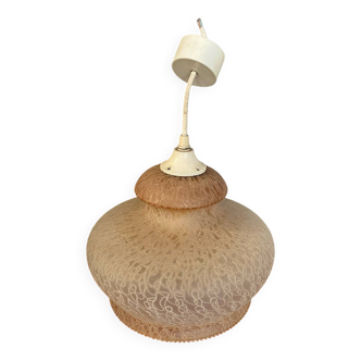 Ancienne Suspension Verre Givré Beige Années 70 Art Déco Vintage