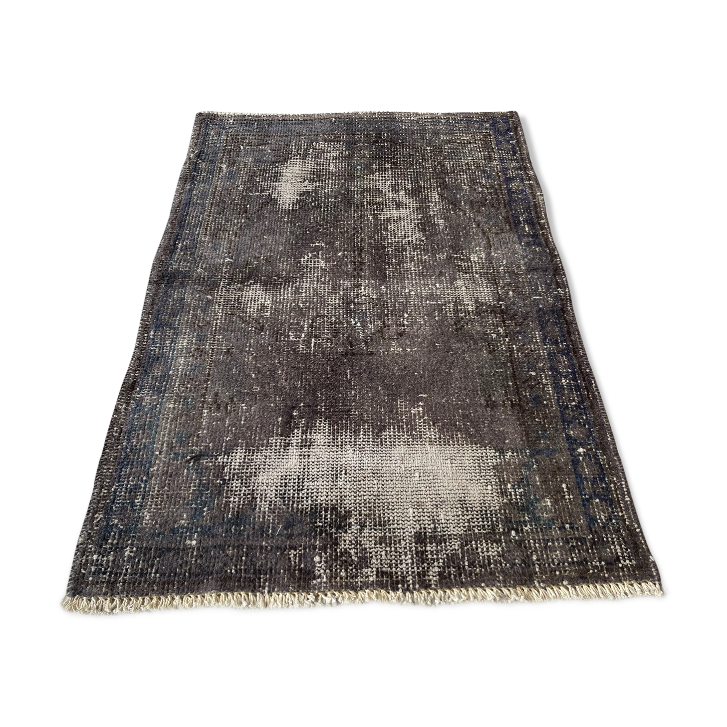 Distressed turkish rug 111x78 cm wool vintage rug, over-dyed gray