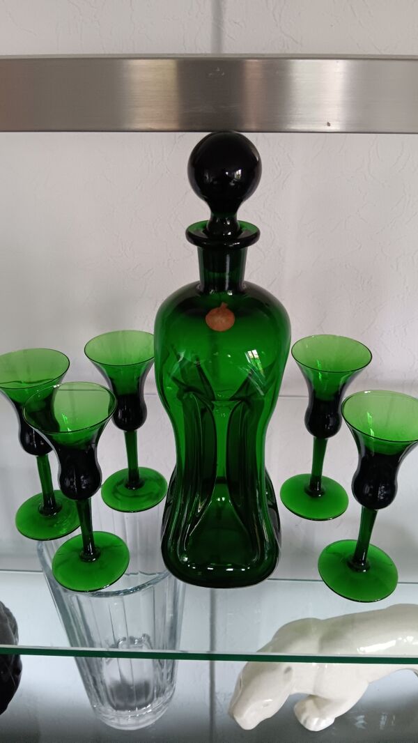 Carafe Kluk Kluk de Jacob E.Bang - Holmegaard et 5 verres à liqueur